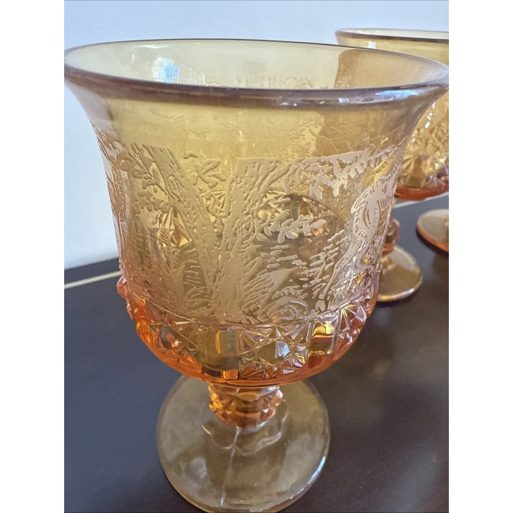 L G WRIGHT GLASS Daisy and Cube Amber Moose Deer Dog Etchings Goblet Rare 8pcs